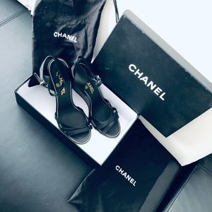 100% ORIGINAL CHANEL Calfskin Pearl Wedge Sandals